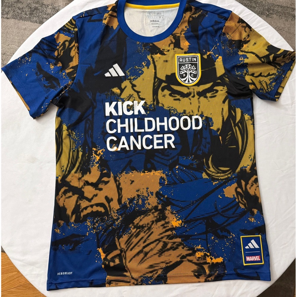 Adidas Royal Austin FC 2023 MLS Works Kick Childhood Cancer Marvel Men's Large